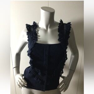 Flint & Moss Navy Ruffle Lace Crochet Trim Knit Top Size S